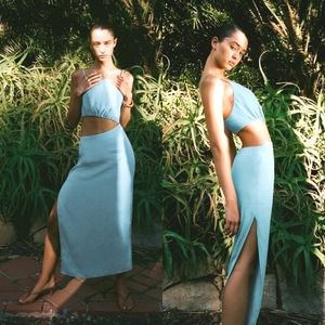 Reformation 'Kiwi' Turquoise Blue Asymmetrical Cutout High Slit Maxi Dress 10